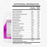 Conceive Plus Women's Fertility Support + Applicators featuring nutritional information chart listing daily values per two capsules, including essential vitamins, minerals, and a conception support blend, over a partially visible purple supplement bottle on a white background.