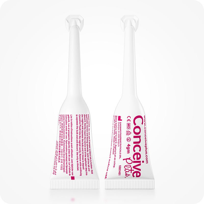 Conceive Plus Women's Fertility Support + Applicators featuring front and back views of two 4g pre-filled vaginal lubricant applicators with pink text on white tubes, shown upright on a white background to display usage instructions, branding, and dosage clarity for female fertility care.