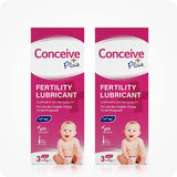Conceive Plus Women's Fertility Support + Applicators featuring two boxes of 3-count pre-filled fertility lubricant applicators with pH-balanced and sperm-friendly formulation, displayed upright on a white background with baby imagery and product details.