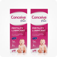 Conceive Plus Women's Fertility Support + Applicators featuring two boxes of 3-count pre-filled fertility lubricant applicators with pH-balanced and sperm-friendly formulation, displayed upright on a white background with baby imagery and product details.