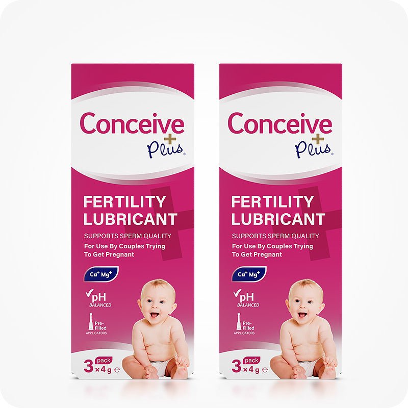 Conceive Plus Women's Fertility Support + Applicators featuring two boxes of 3-count pre-filled fertility lubricant applicators with pH-balanced and sperm-friendly formulation, displayed upright on a white background with baby imagery and product details.