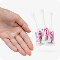 Conceive Plus Women's Fertility Support + Applicators featuring three pre-filled vaginal lubricant applicators next to a hand with visible clear gel, displayed on a white background to show texture, dosage, and ease of use for fertility-enhancing intimate care.